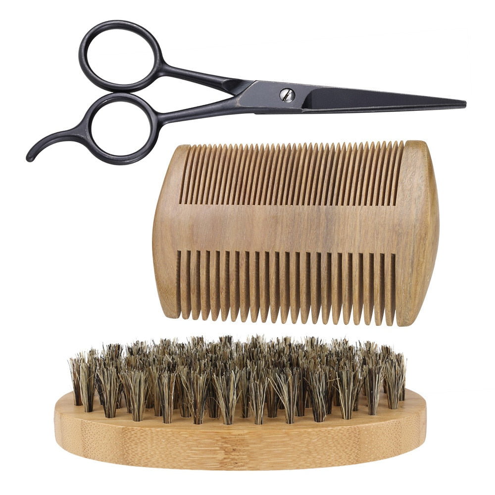 3Pcs Men's Beard Brush Kit Set Boar Bristle Shaving Brush Verawood Beard Comb Mustache Scissor Male Facial Beard Claning Tool