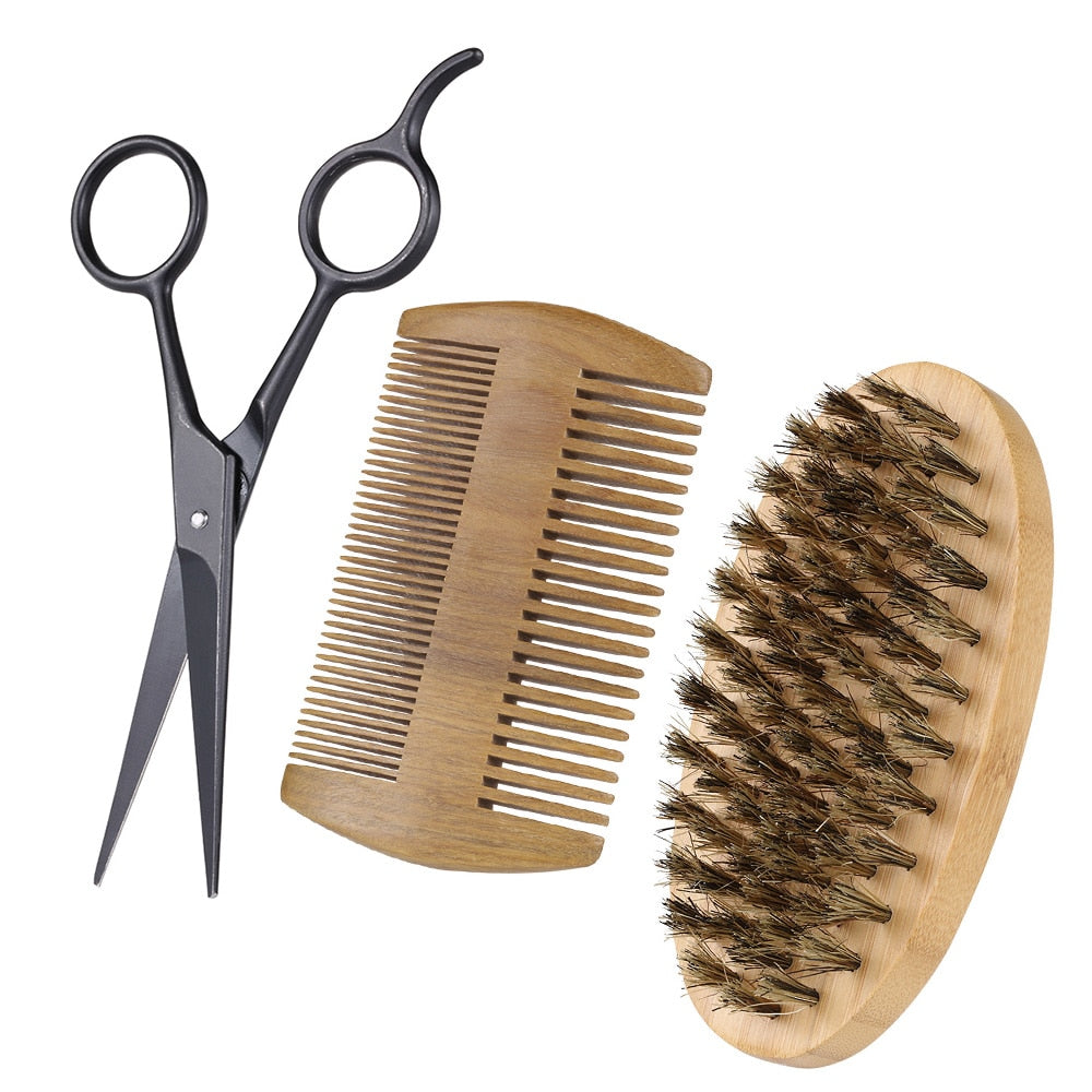 3Pcs Men's Beard Brush Kit Set Boar Bristle Shaving Brush Verawood Beard Comb Mustache Scissor Male Facial Beard Claning Tool